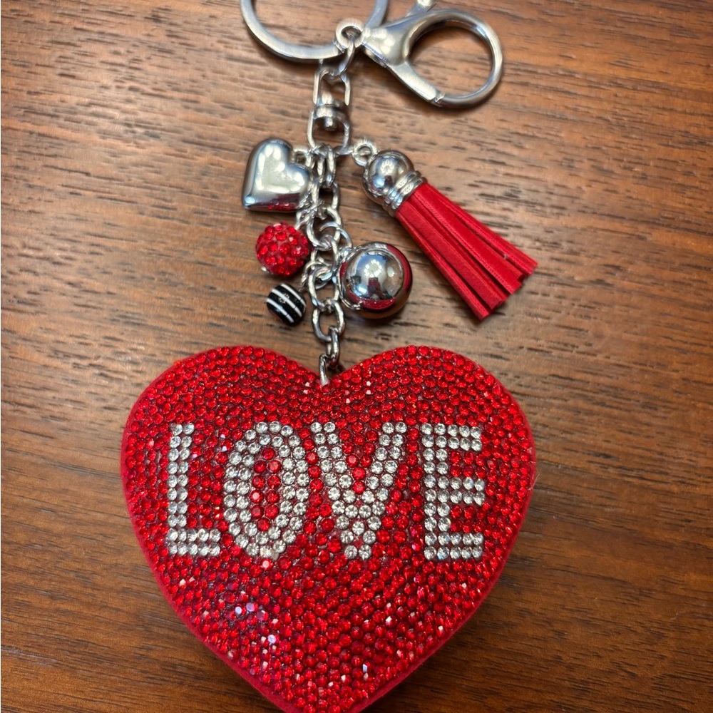 New Red bling 'LOVE' Heart Keychain with Tassel n added charms and beads silver